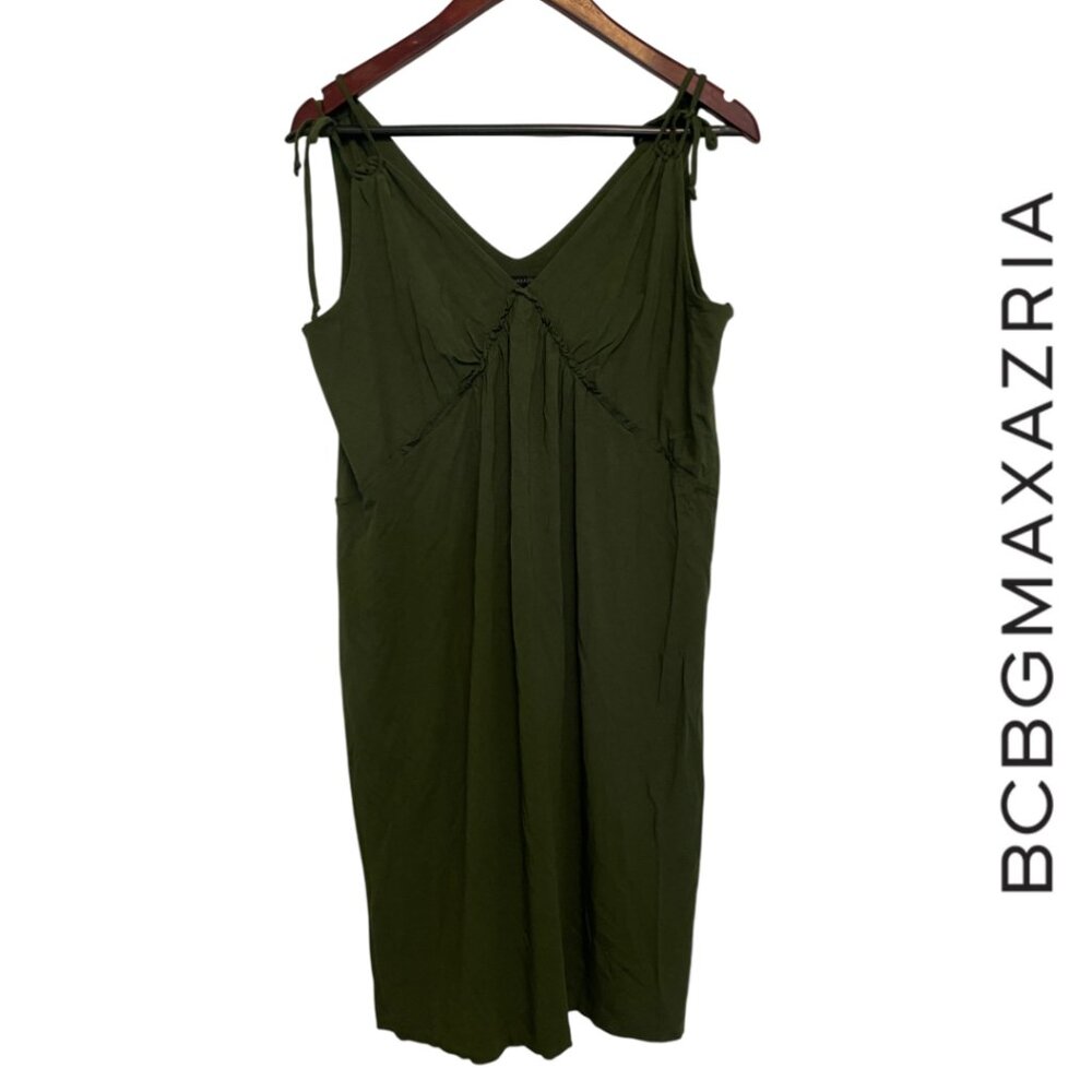 BCBGMAXAZRIA | Green Summer dress, Size L, ruched and tie details